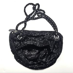 NEW FELIX REY Black Chain Mail Metal Mesh Ruffle Double Handle Evening Bag